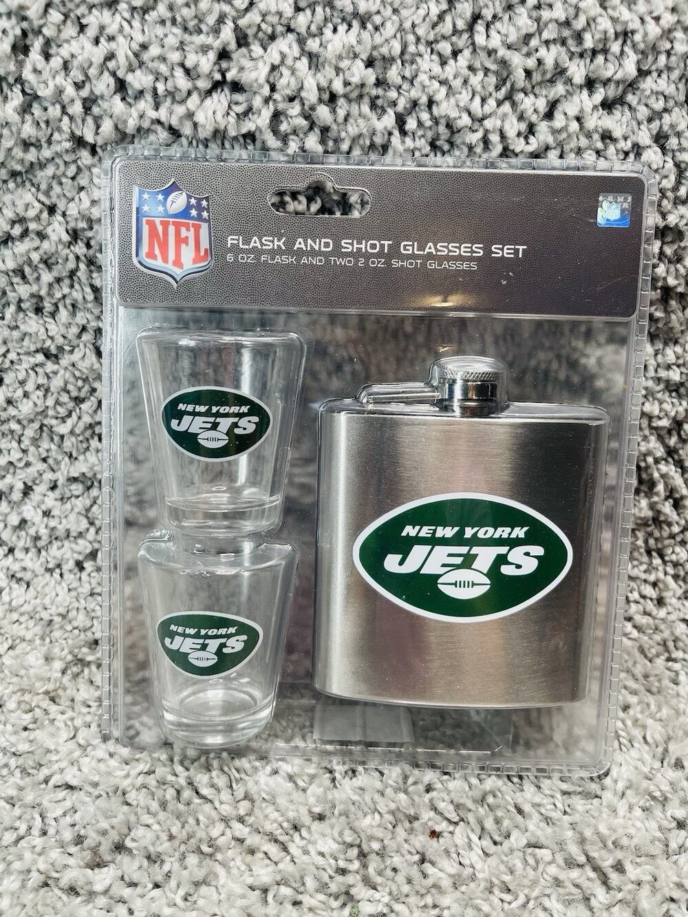 NFL Stainless Steel Flask and 2 Pack 2oz Shot Glasses Set New York Jets New